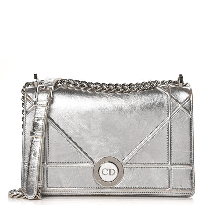 Christian Dior Metallic Crinkled Lambskin Medium Diorama Flap Bag Silver 1 of 17