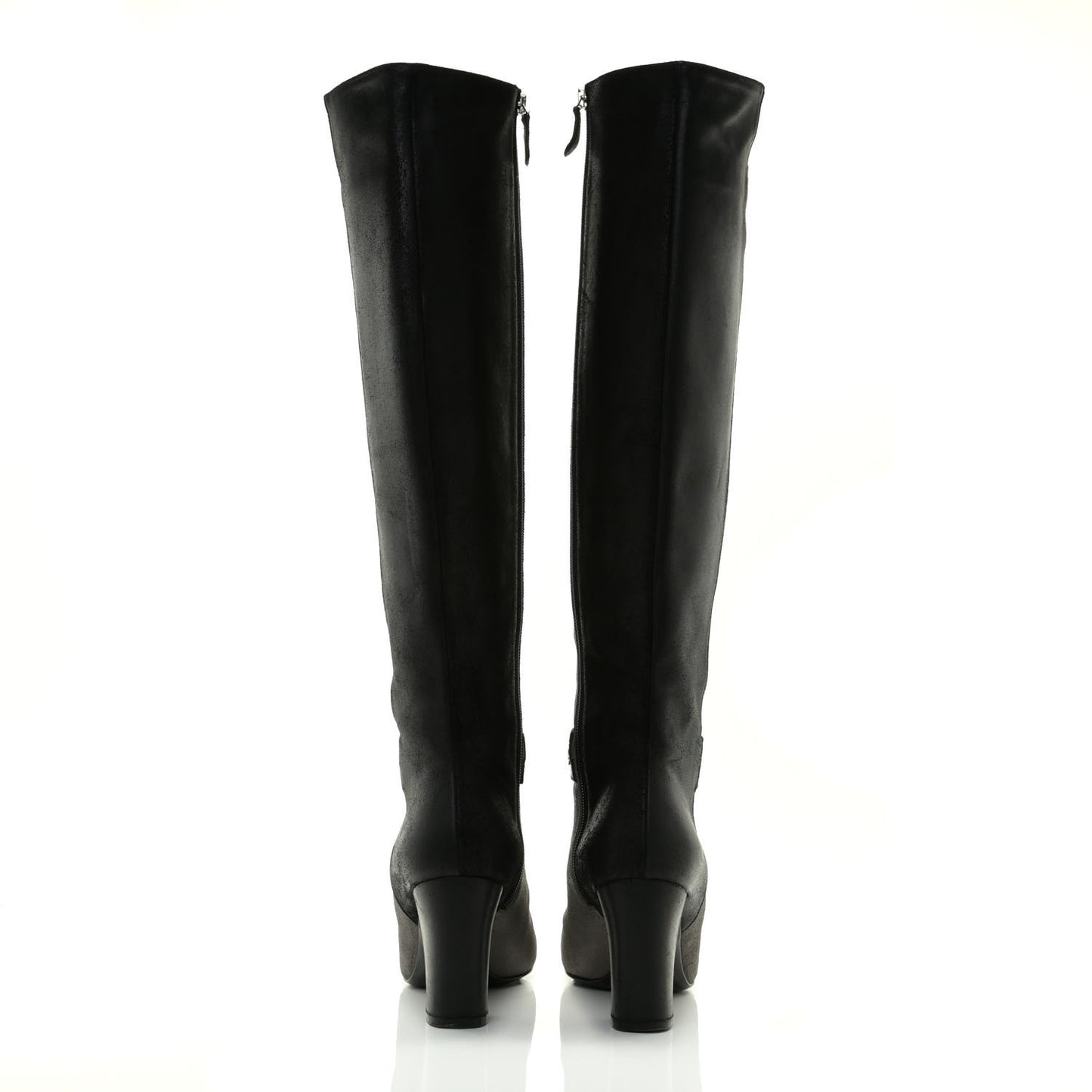 Suede Calfskin CC Cap Toe Knee High Boots 40 Black Grey