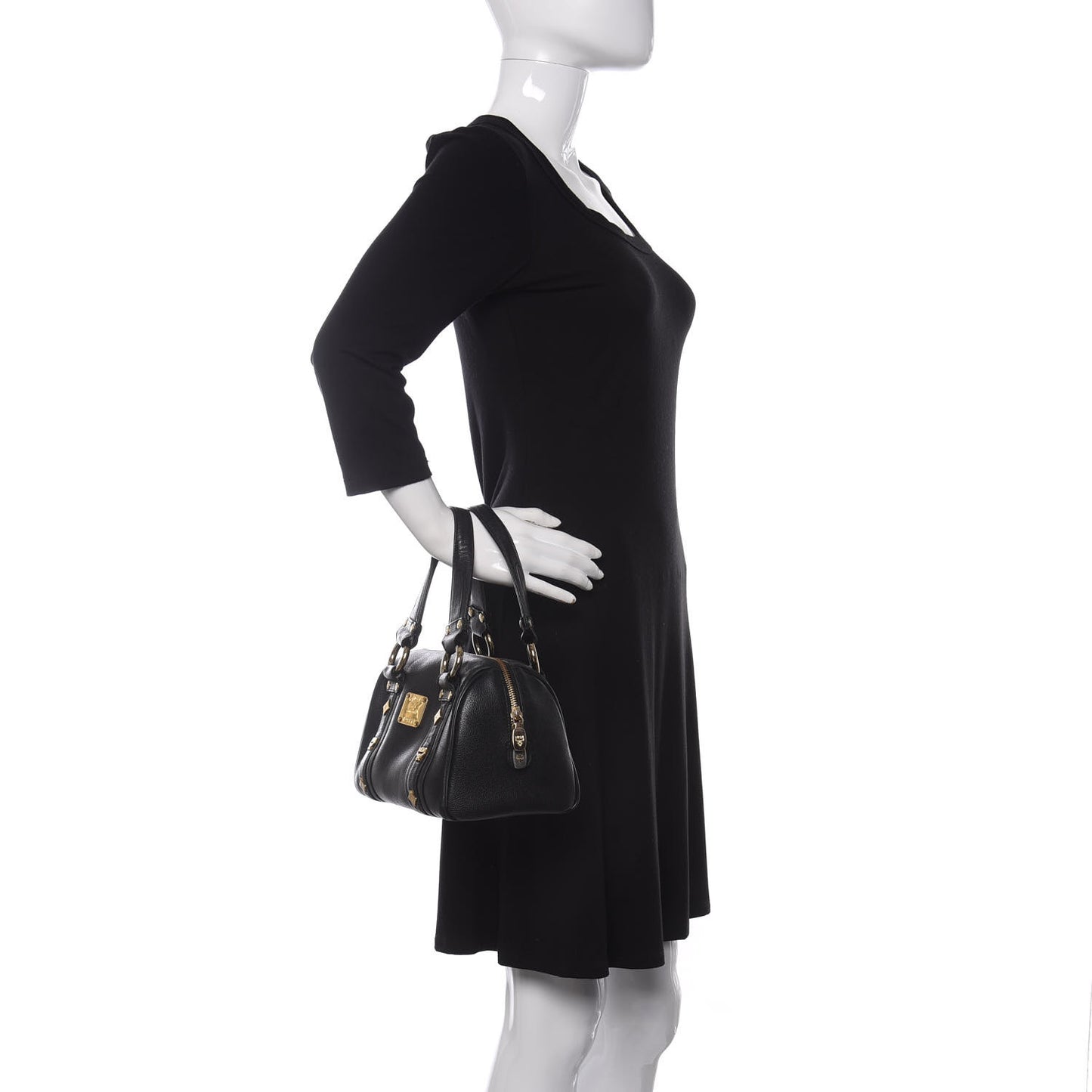 Grained Calfskin Studded Boston Bag Black
