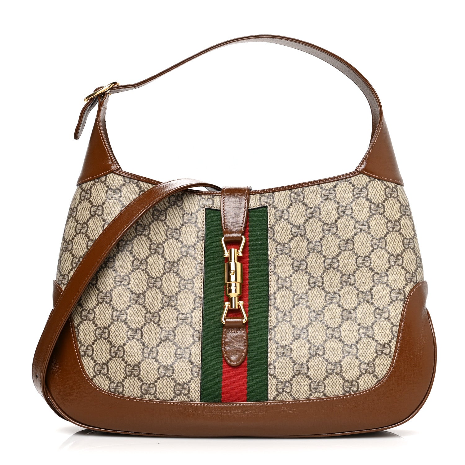 Gucci GG Supreme Monogram Azalea Calfskin Web Medium Jackie 1961 Hobo Beige Ebony Brown Sugar 1 of 11