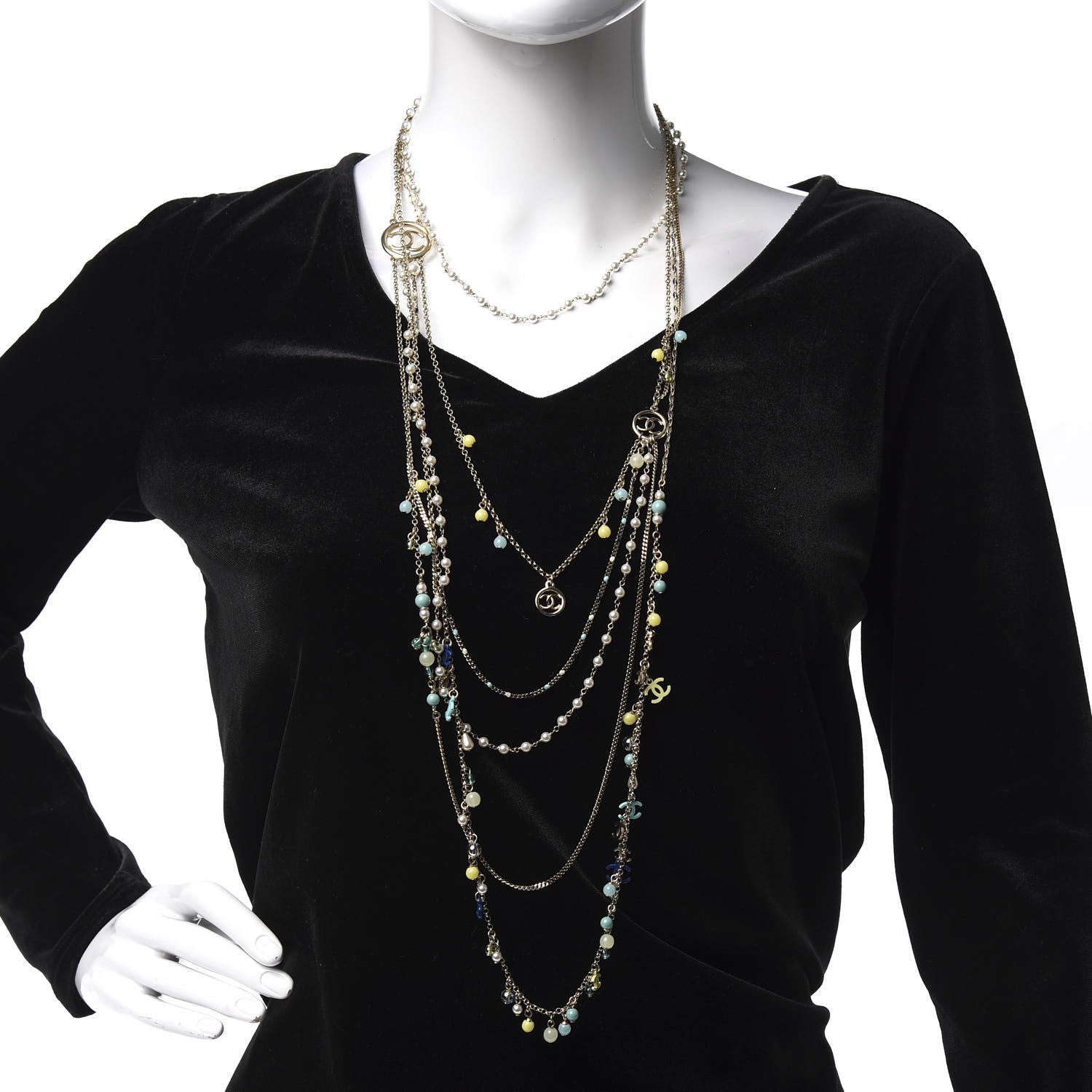 Chanel Pearl Beaded Resin CC Multi Strand Long Necklace Silver Nacre 2 of 6
