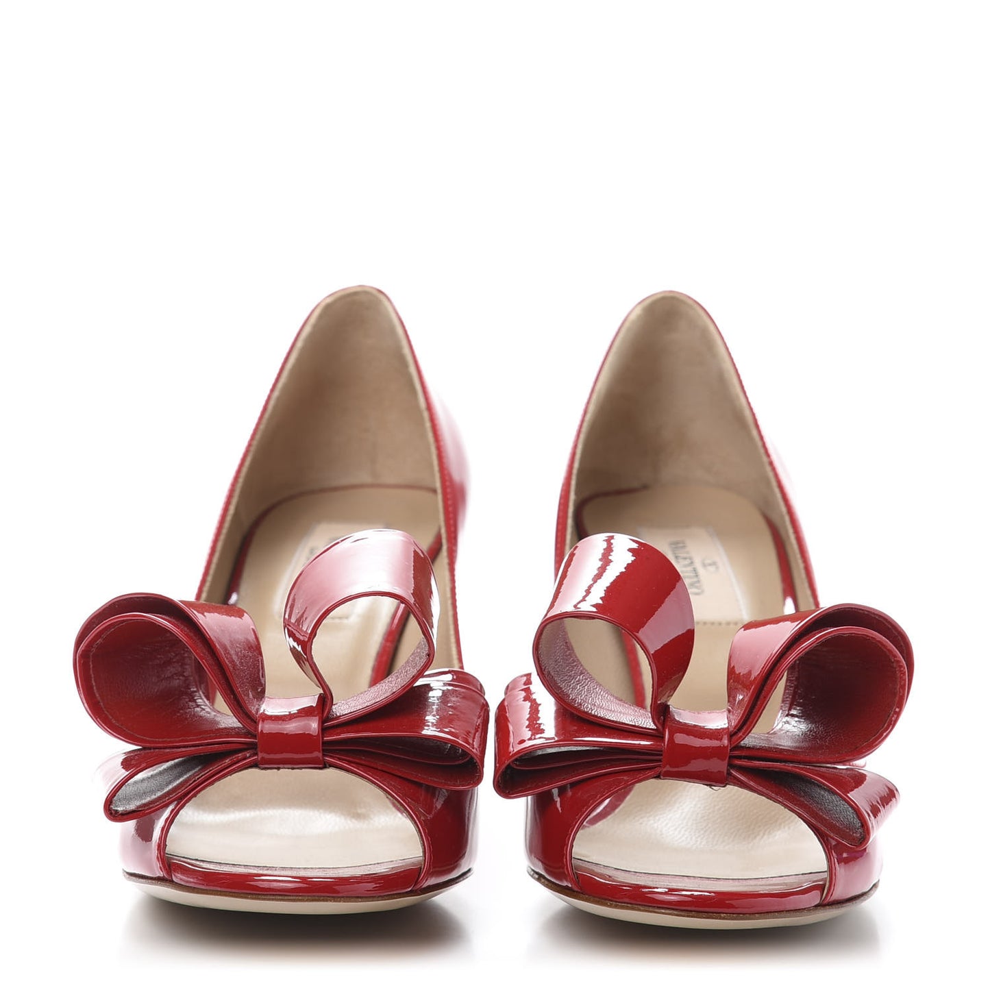 Patent Couture Bow Peep Toe Low Heel Pumps 38 Rosso Valentino