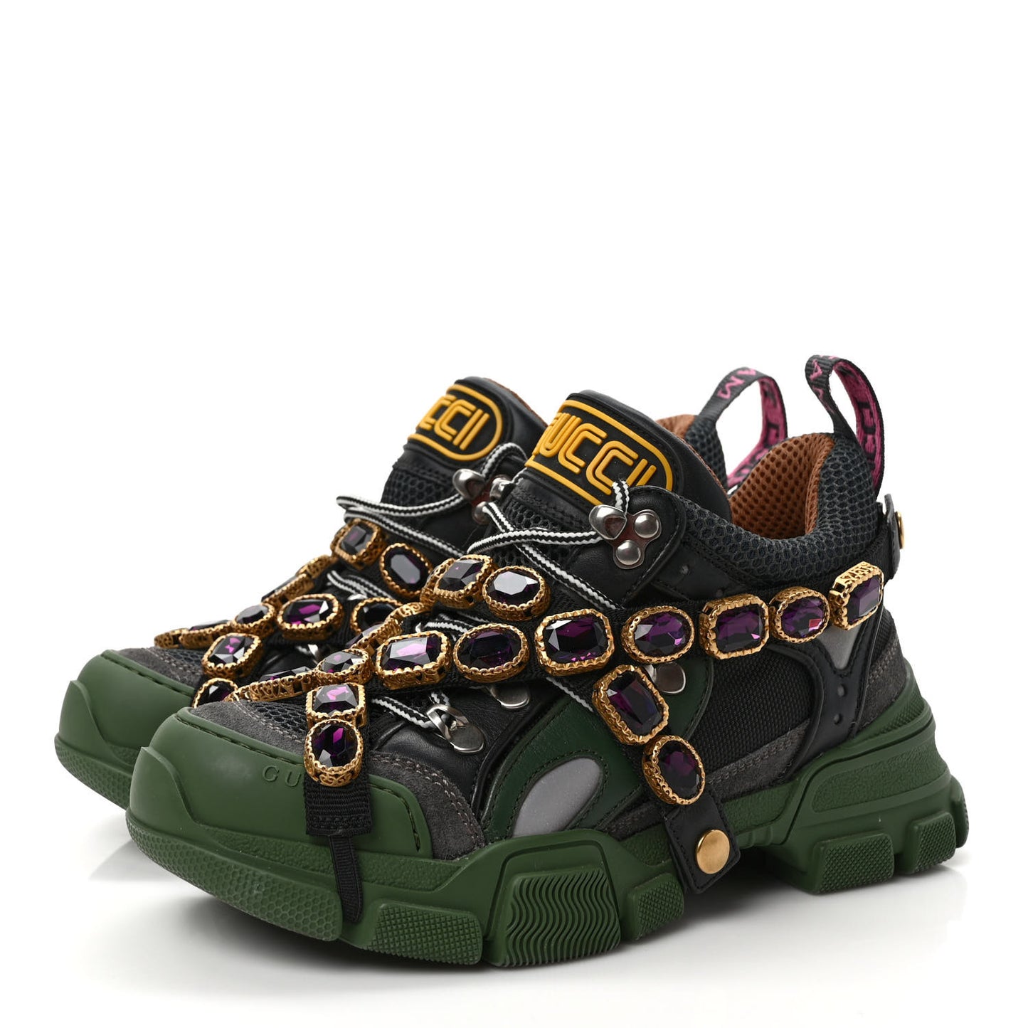 X SEGA Mesh Suede Calfskin Removable Crystals Flashtrek Sneakers 36 Loess Black Olive Green