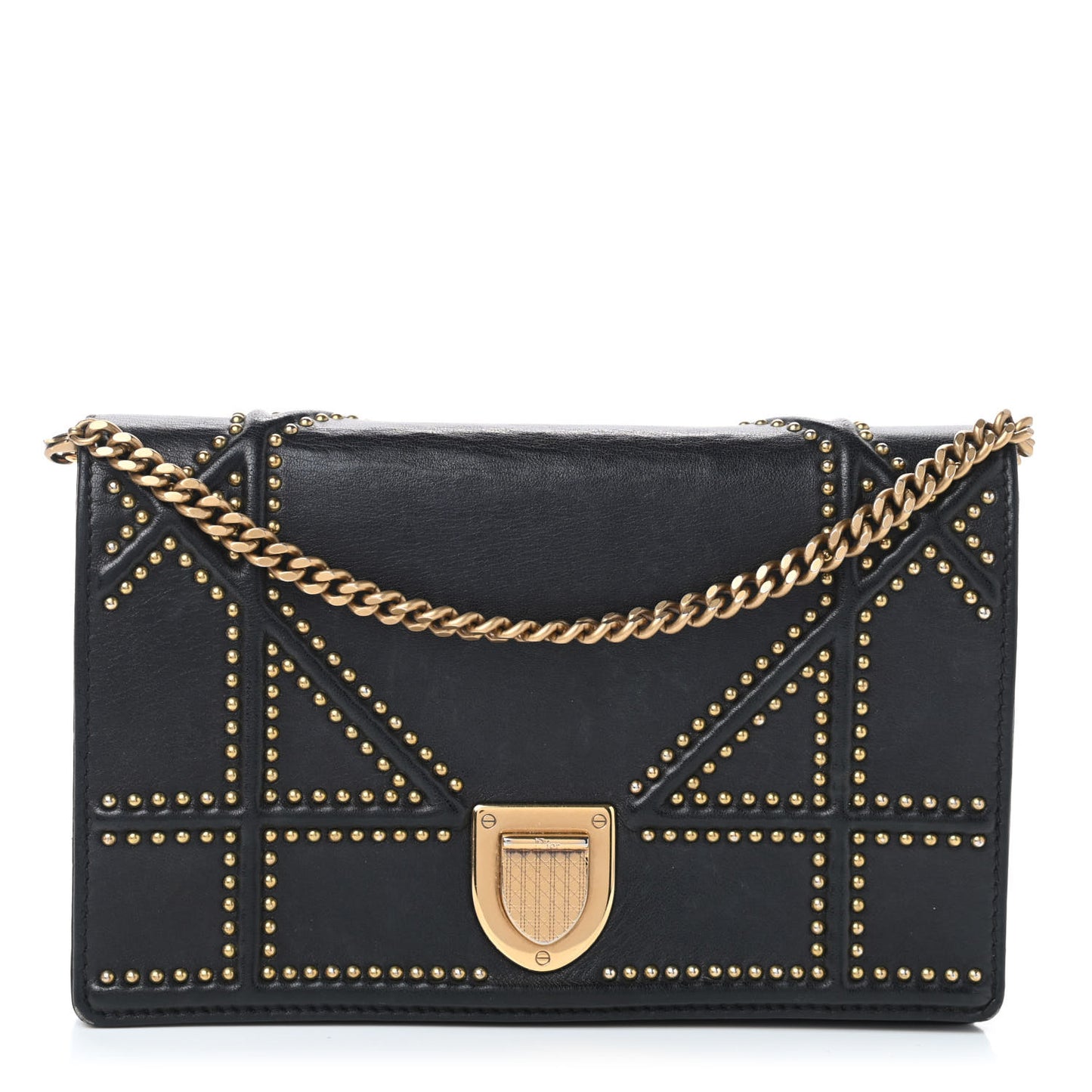 Calfskin Studded Diorama Wallet on Chain Pouch Black