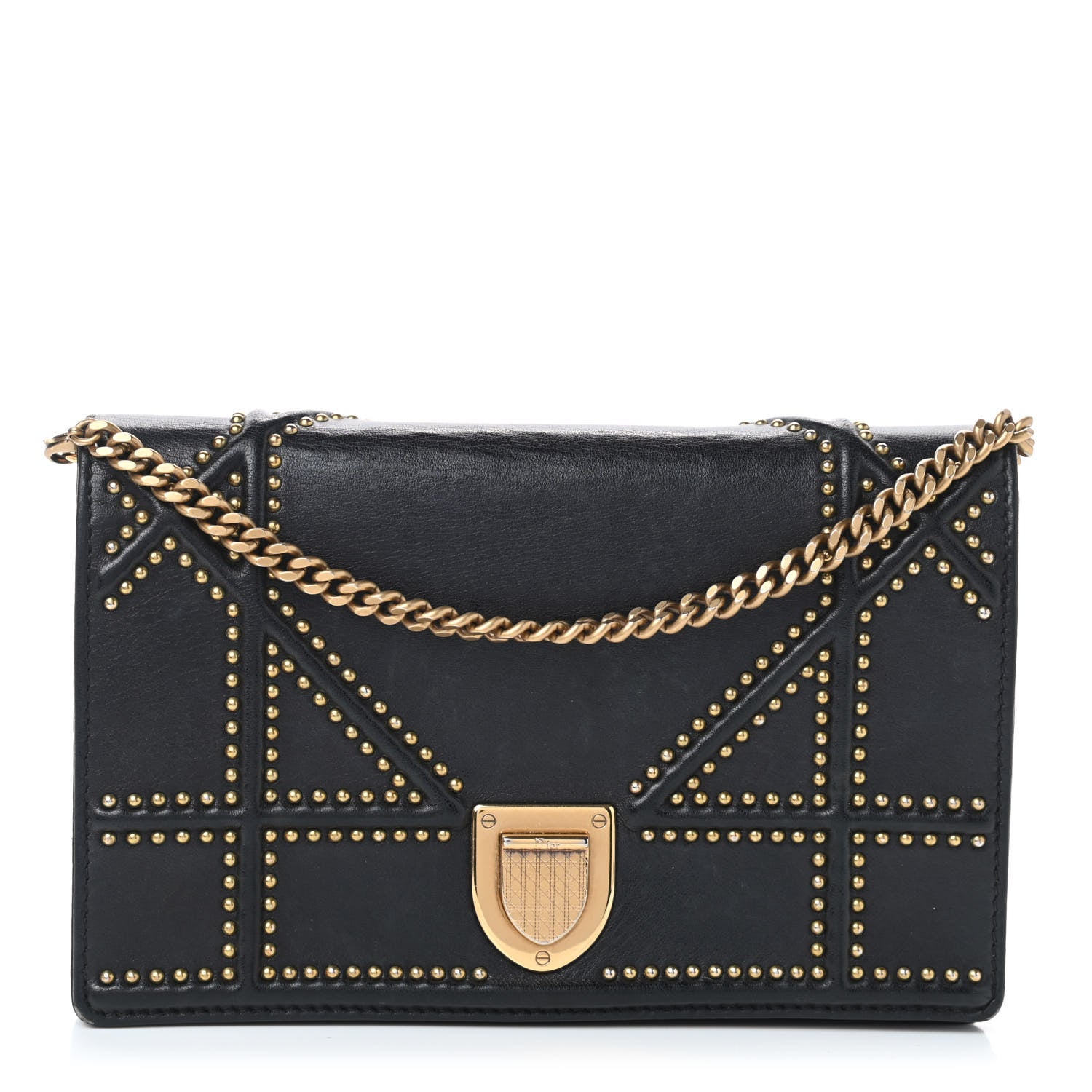 Christian Dior Calfskin Studded Diorama Wallet on Chain Pouch Black 1 of 10
