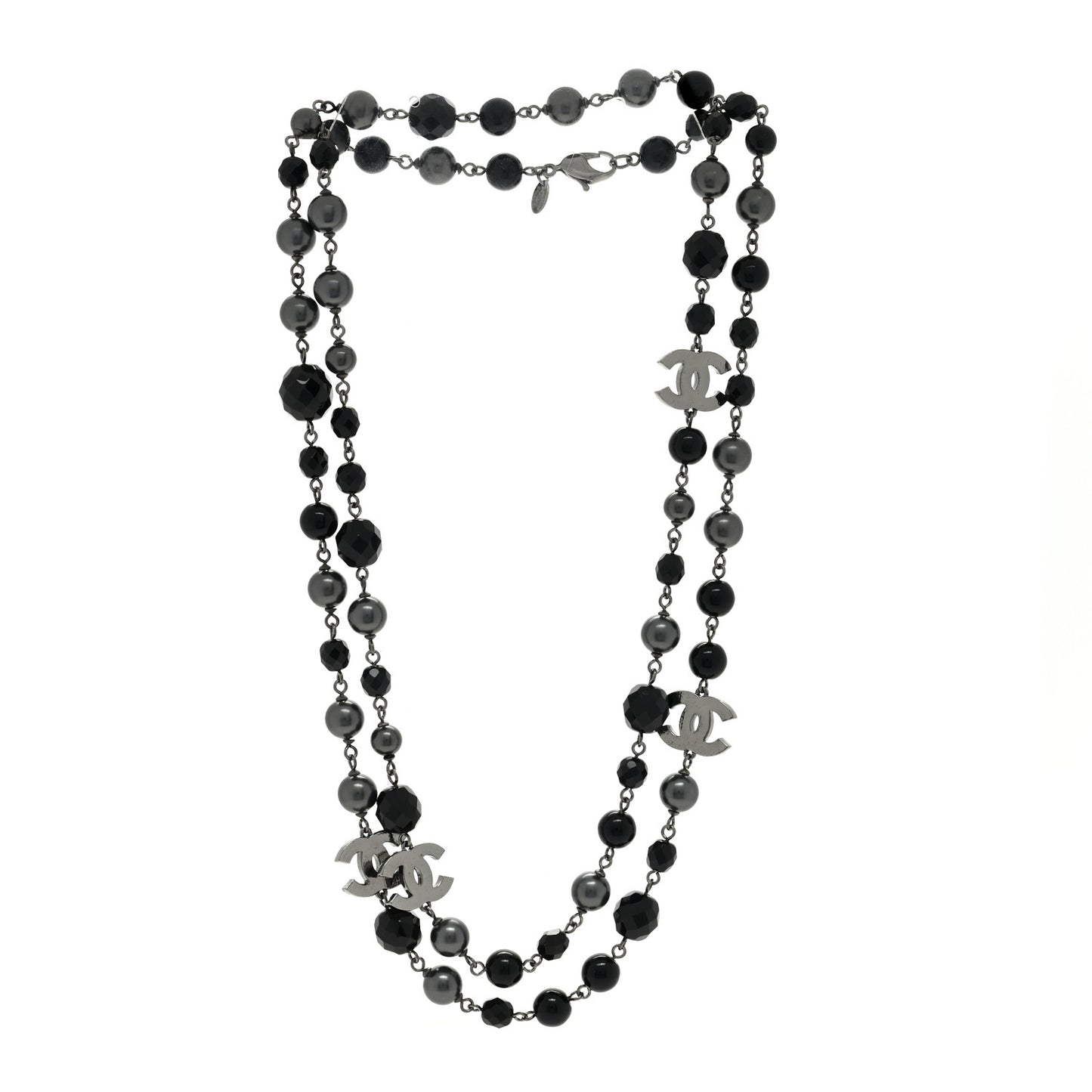 Ruthenium Pearl Beaded CC Long Necklace Black