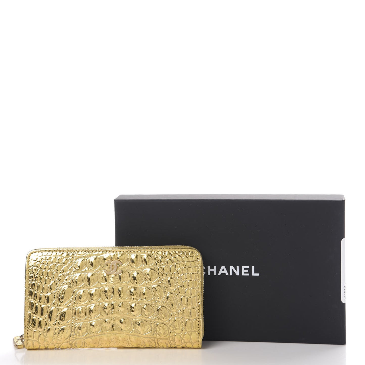 Metallic Calfskin Crocodile Embossed Small Zip Wallet Gold