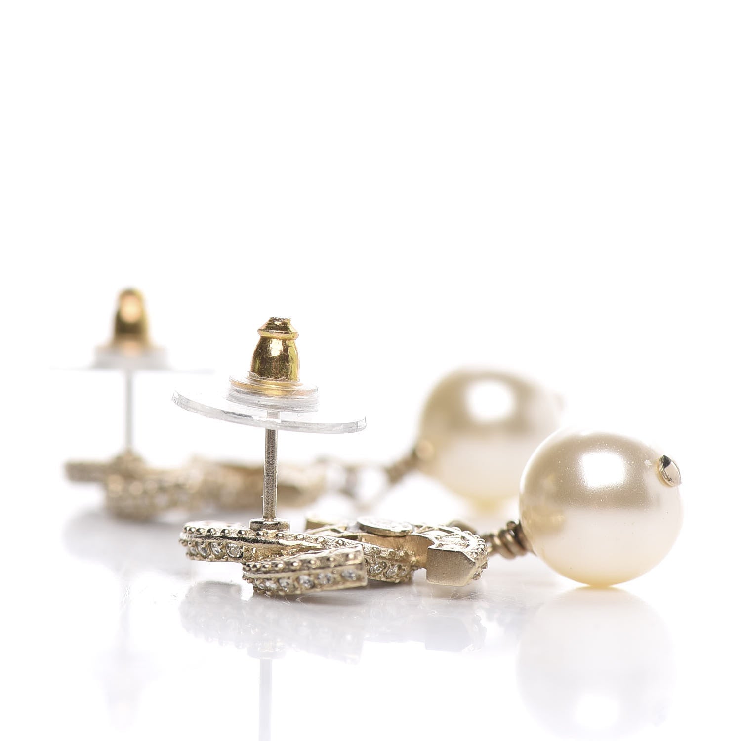 Chanel Crystal Pearl CC Drop Earrings Gold 3 of 5