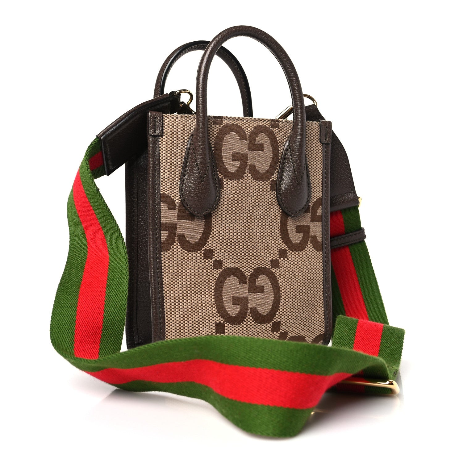 Gucci Monogram Jumbo GG Textured Dollar Calfskin Web Mini Vertical Tote Camel Ebony New Acero 3 of 8