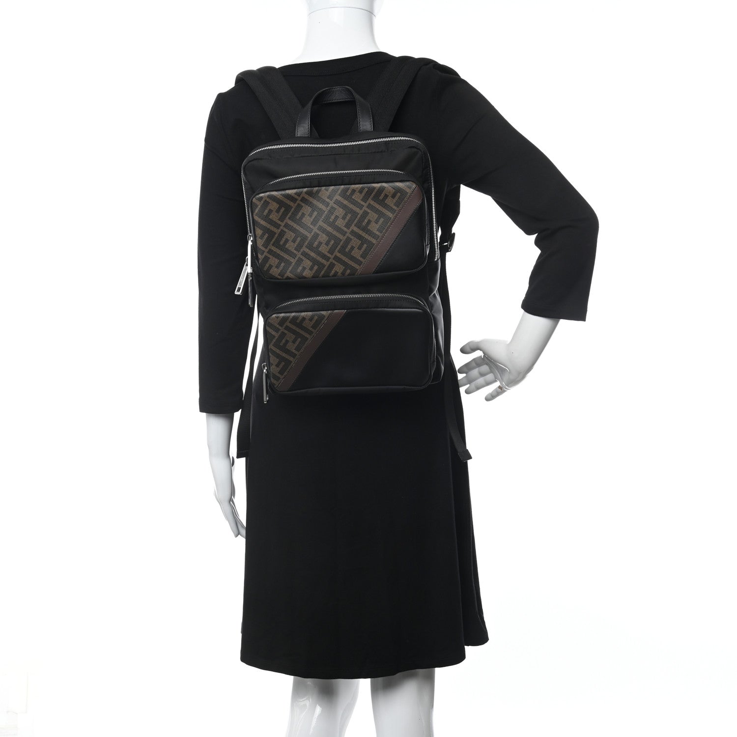 Fendi Nylon Glazed Fabric FF 1974 Diagonal Panelled Backpack Tobacco Moresco Black 2 of 10