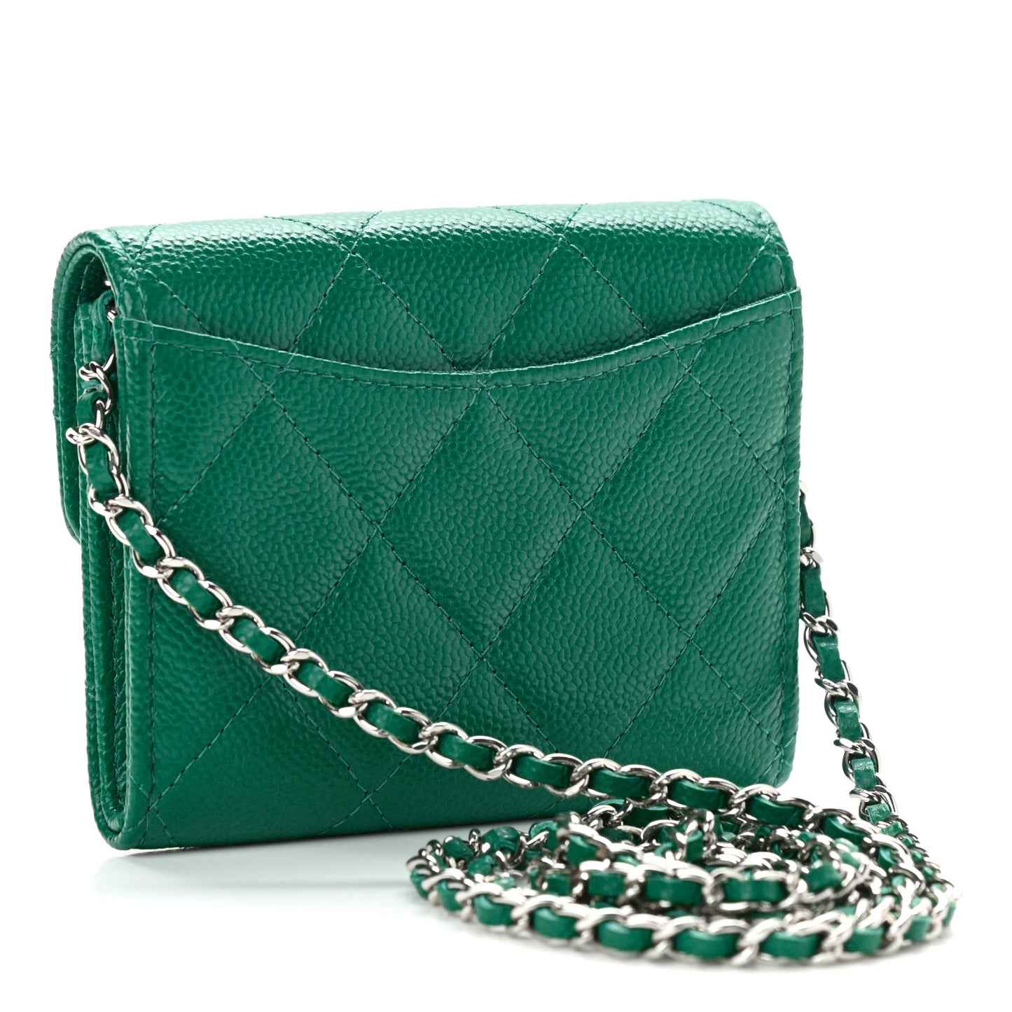 Caviar Quilted Flap Card Holder On Chain Green