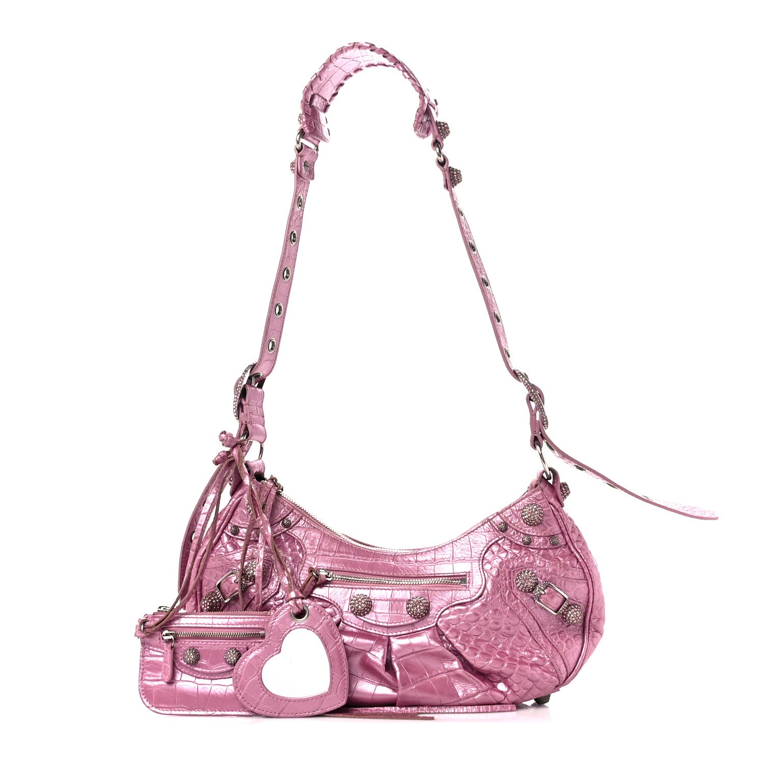 Balenciaga Metallic Extra Supple Calfskin Crystal Crocodile Embossed Small Le Cagole Shoulder Bag Pink 1 of 14