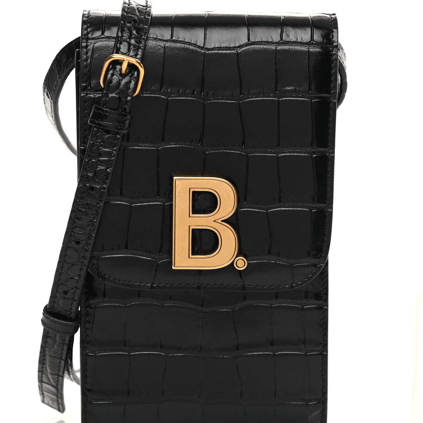 Shiny Calfskin Crocodile Embossed B Phone Holder Black
