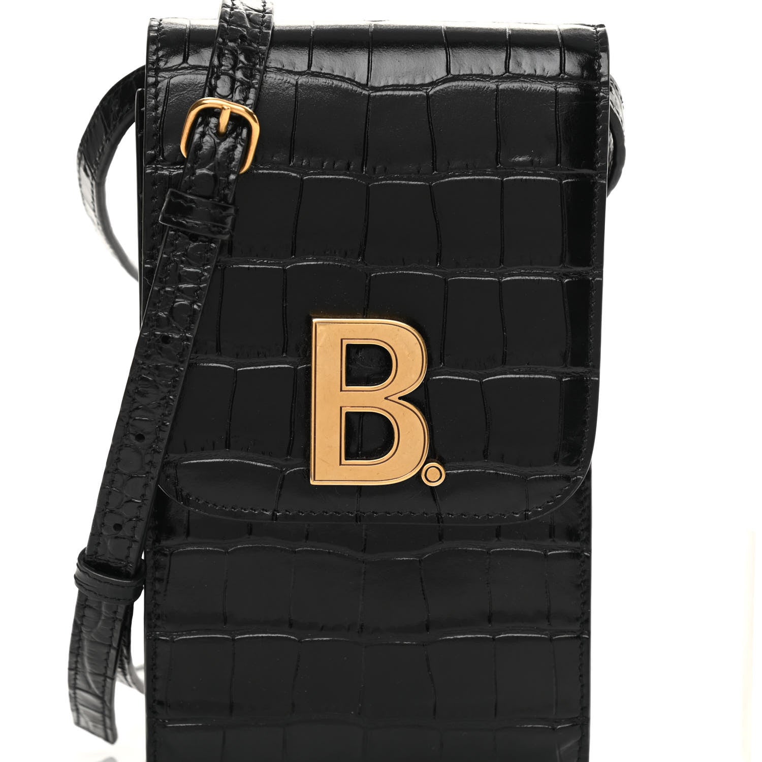 Balenciaga Shiny Calfskin Crocodile Embossed B Phone Holder Black 8 of 11