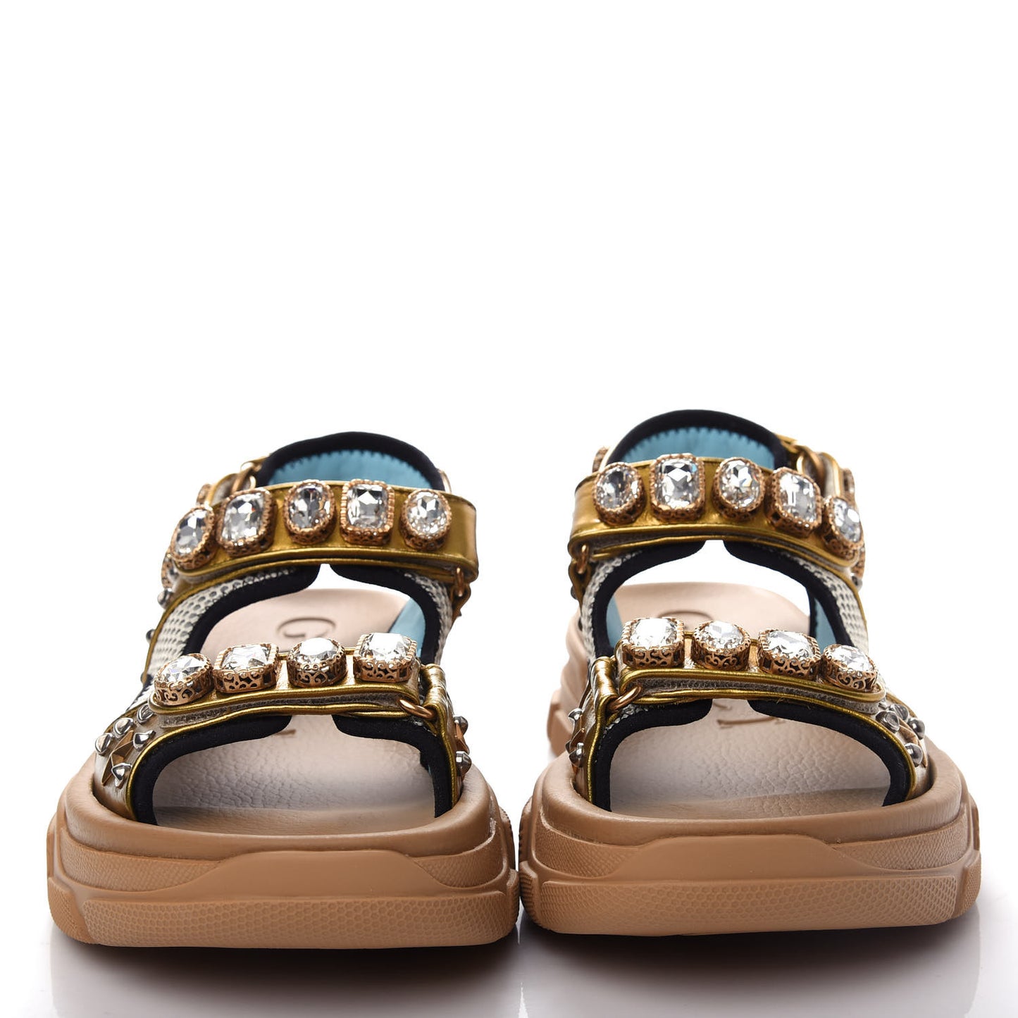 Silk Calfskin Mesh Crystal Embellished Studded Womens Aguru Sandals 38.5 Gold