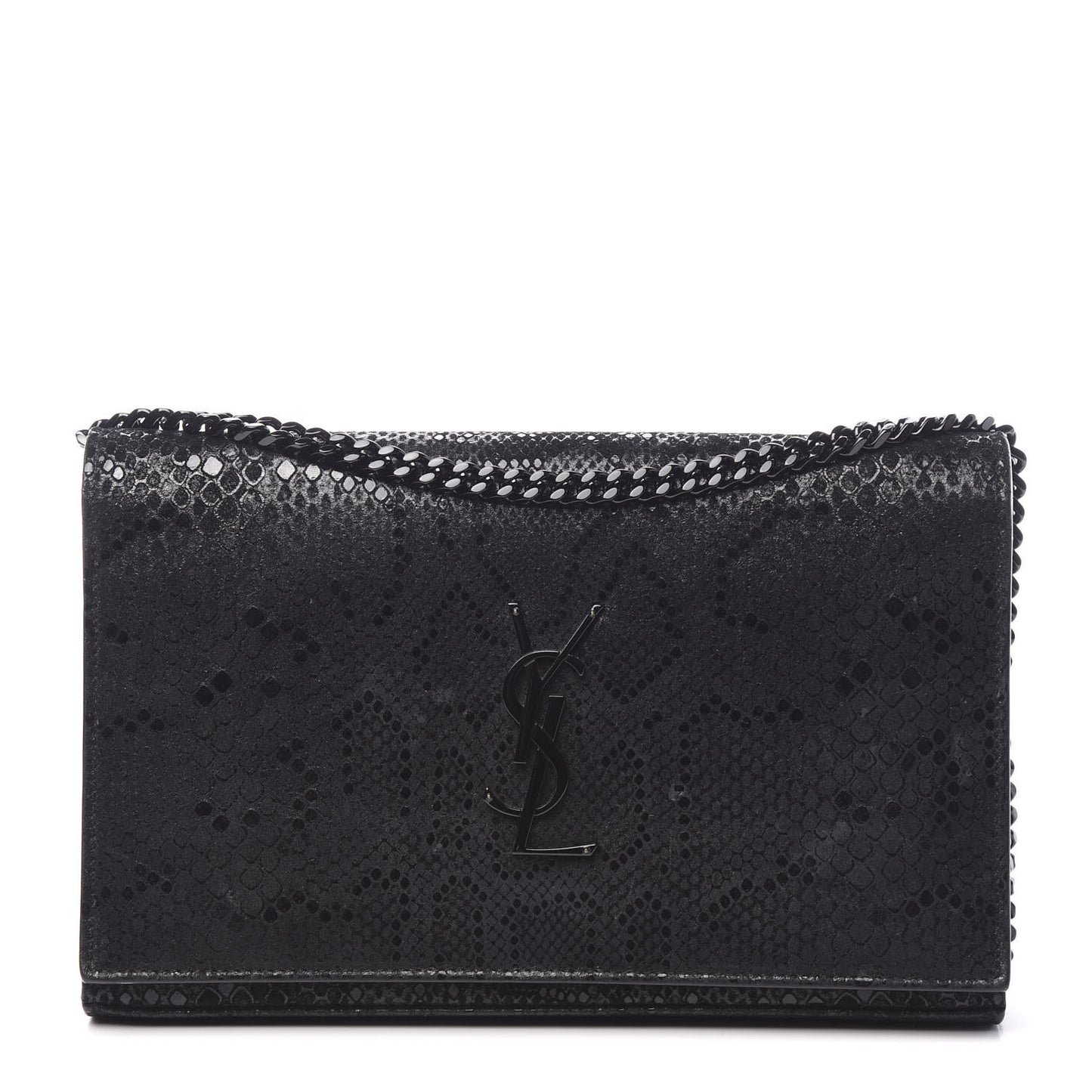 Calfskin Snakeskin Effect Monogram Chain Wallet Black