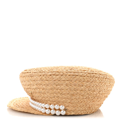 Chanel Straw Pearl Logo Newsboy Cap M Beige Pearly White 4 of 10