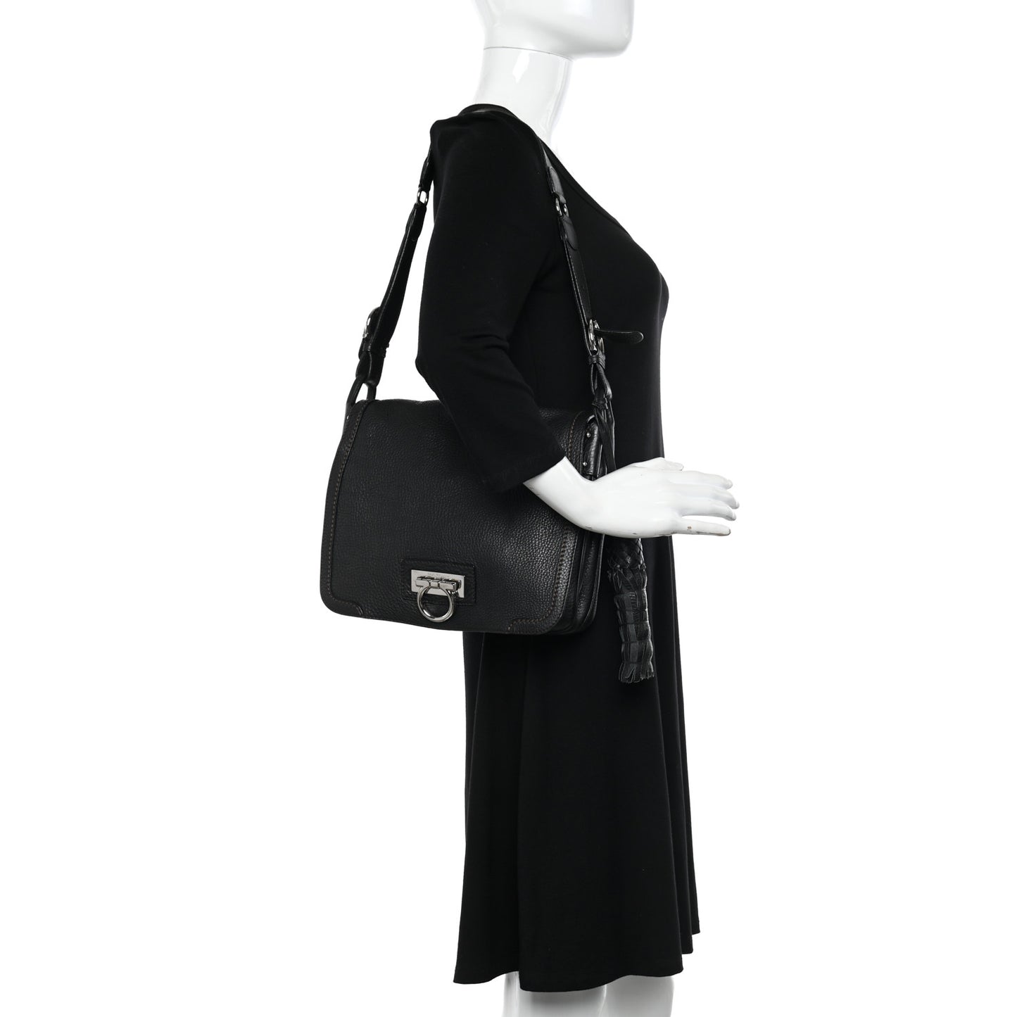 Grained Calfskin Gancini Flap Shoulder Bag Black