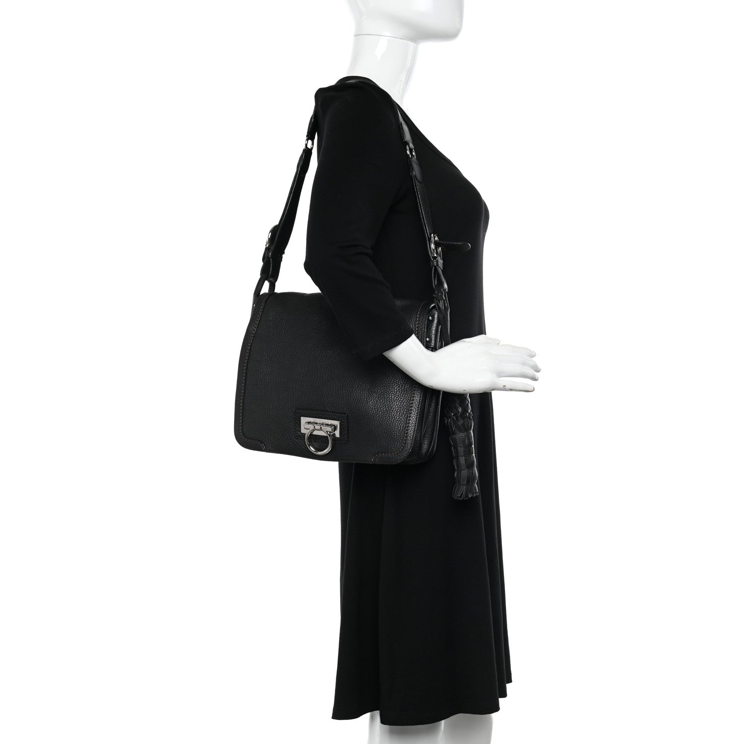 Salvatore Ferragamo Grained Calfskin Gancini Flap Shoulder Bag Black 2 of 10