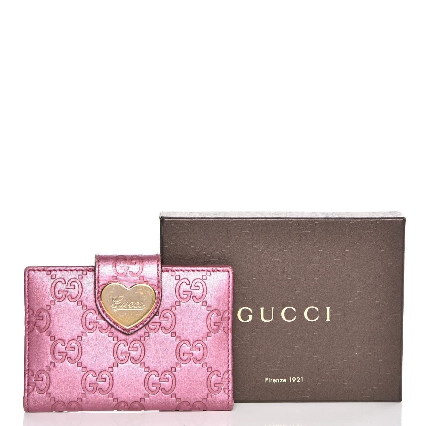 Metallic Soft Guccissima Heart Travel Wallet Fresia Rose