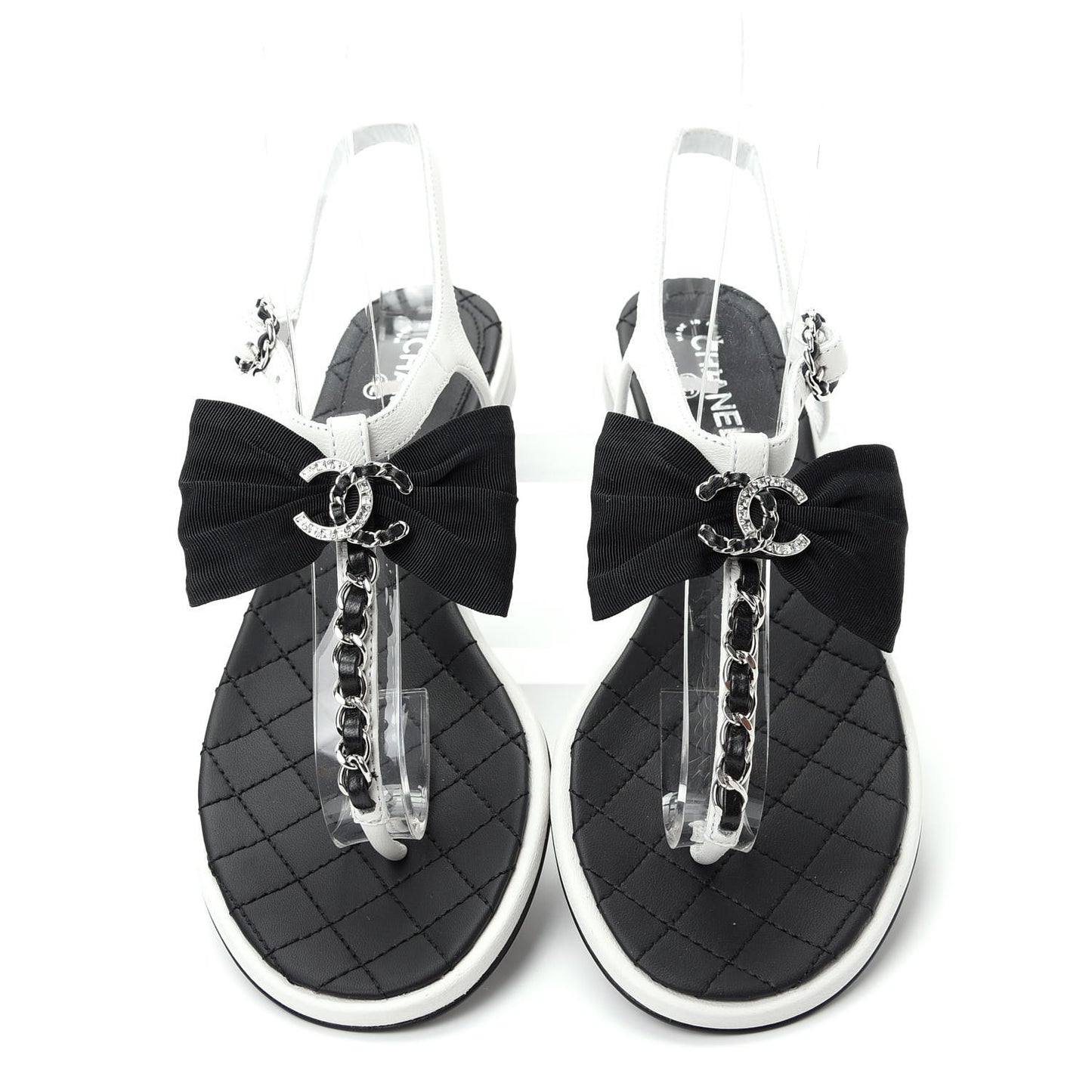 Lambskin Crystal Chain CC Logo Thong Sandals 35.5 White