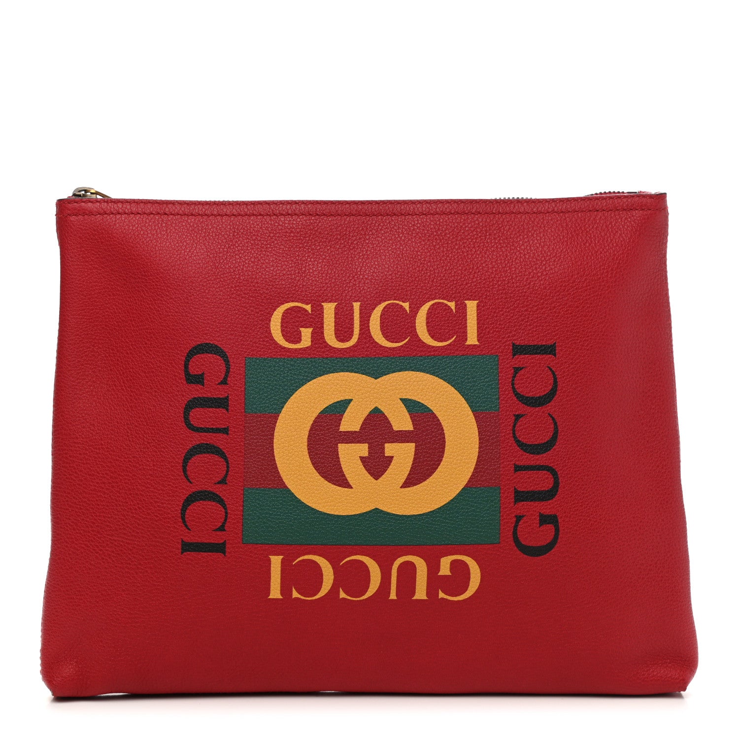 Gucci Pebbled Calfskin Medium Logo Portfolio Clutch Hibiscus Red 1 of 9