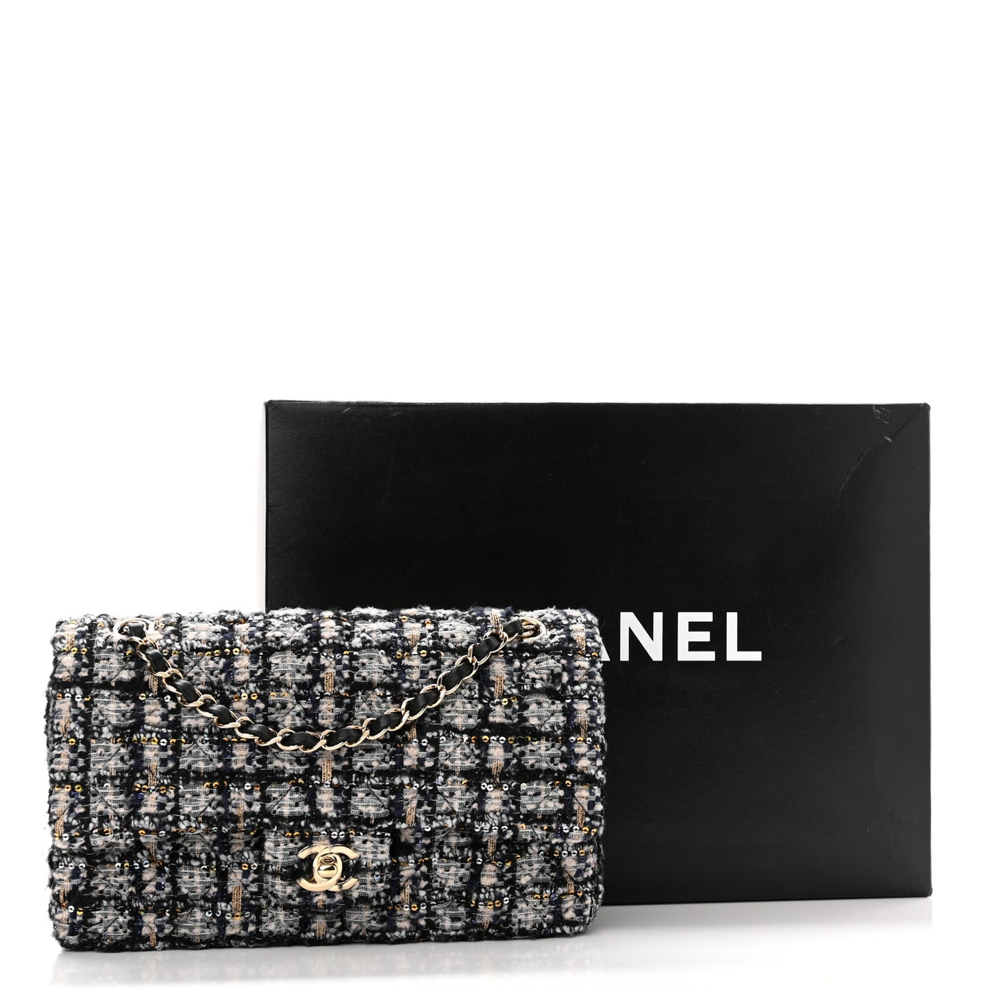 Glittered Tweed Quilted Medium Double Flap Navy Blue