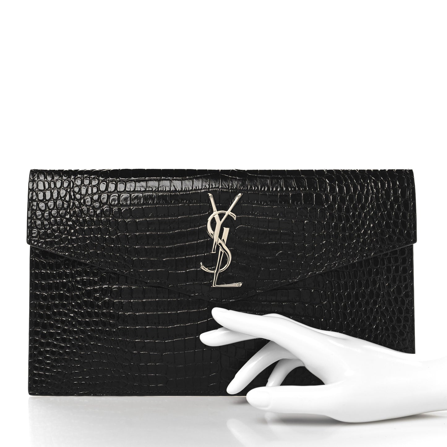 Calfskin Crocodile Embossed Uptown Monogram Clutch Black