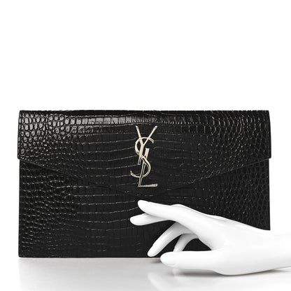 Saint Laurent Calfskin Crocodile Embossed Uptown Monogram Clutch Black 2 of 7