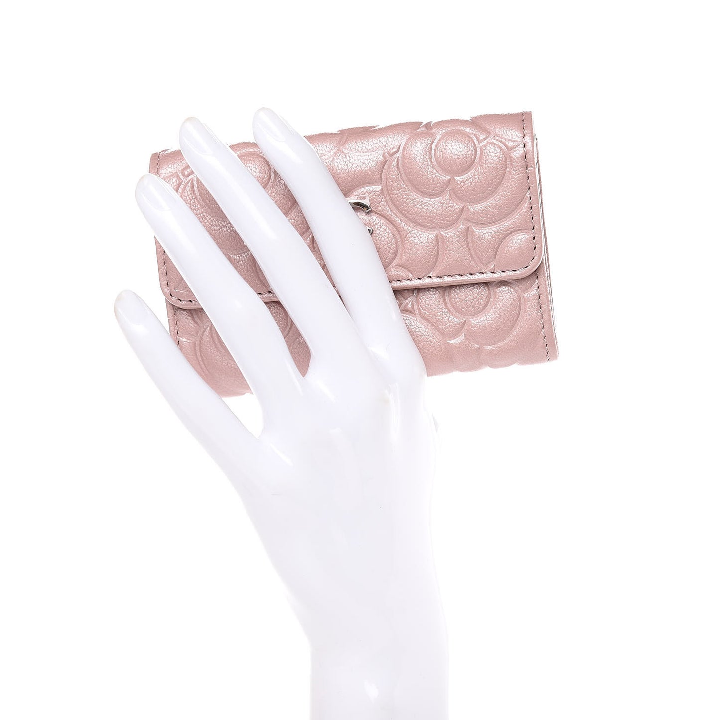 Goatskin Camellia Embossed Card Holder Wallet Light Pink