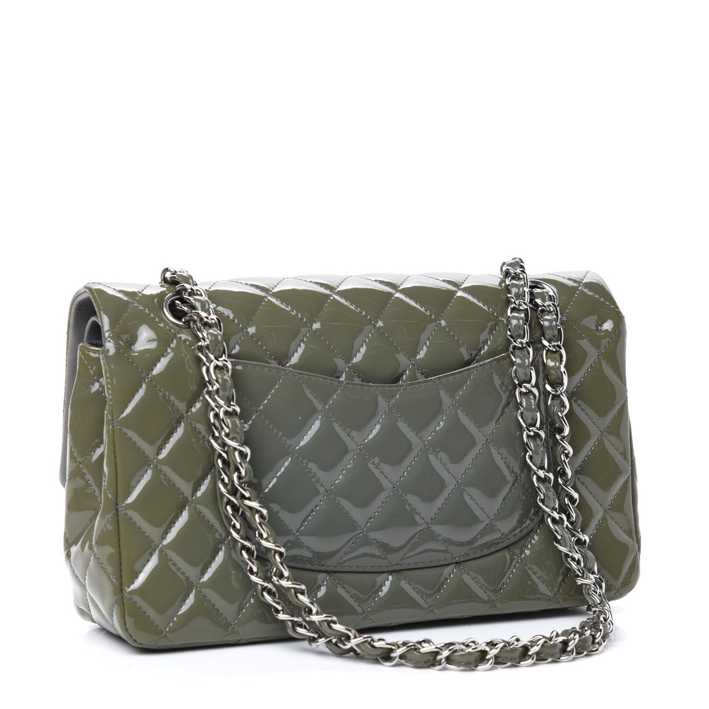 Patent Calfskin Quilted Medium Double Flap Grey