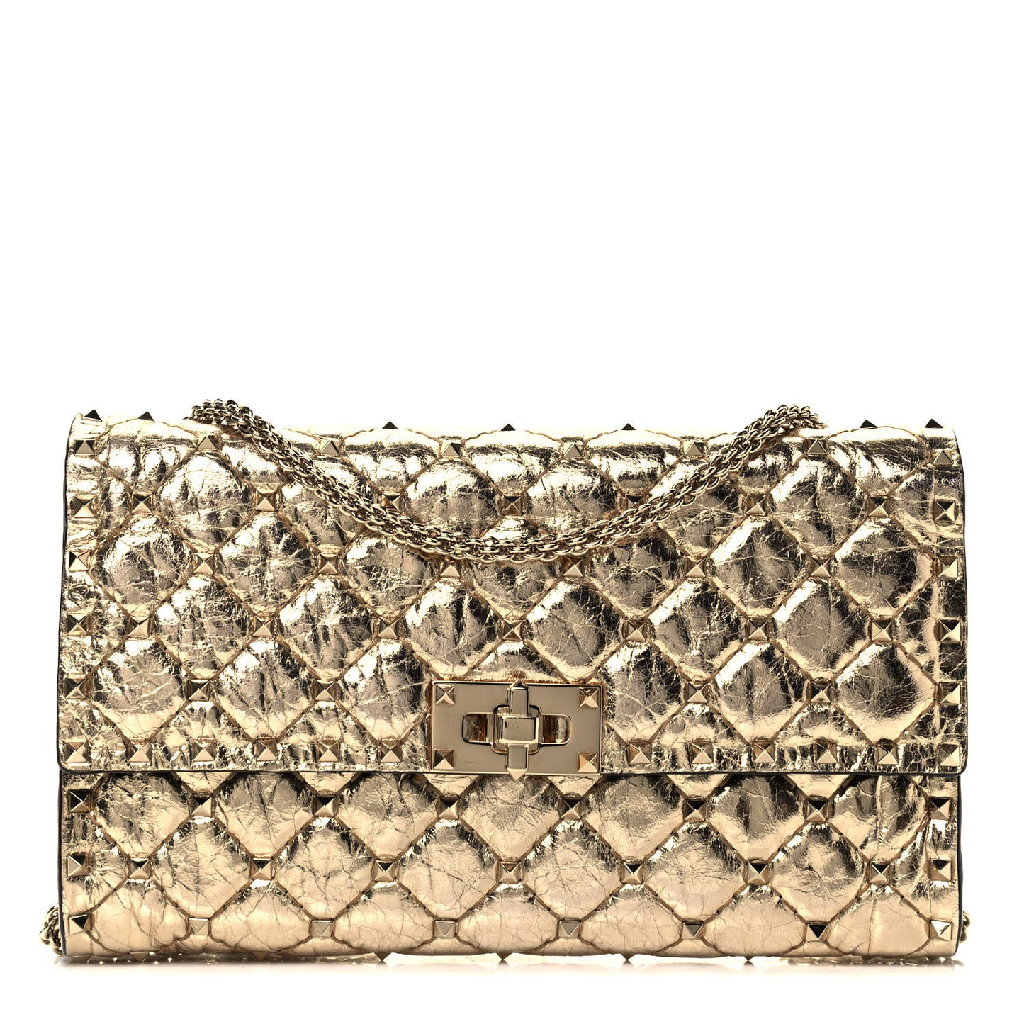 Metallic Wrinkled Lambskin Rockstud Spike Wallet on Chain Mekong