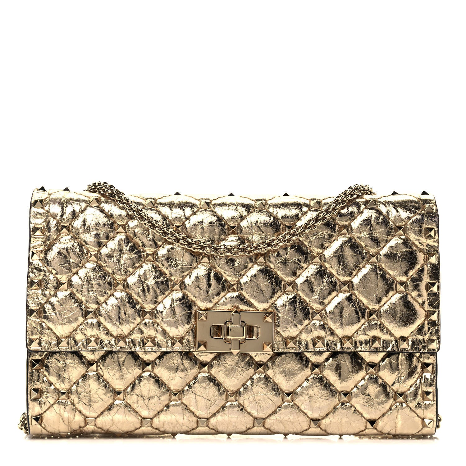 Valentino Garavani Metallic Wrinkled Lambskin Rockstud Spike Wallet on Chain Mekong 1 of 8