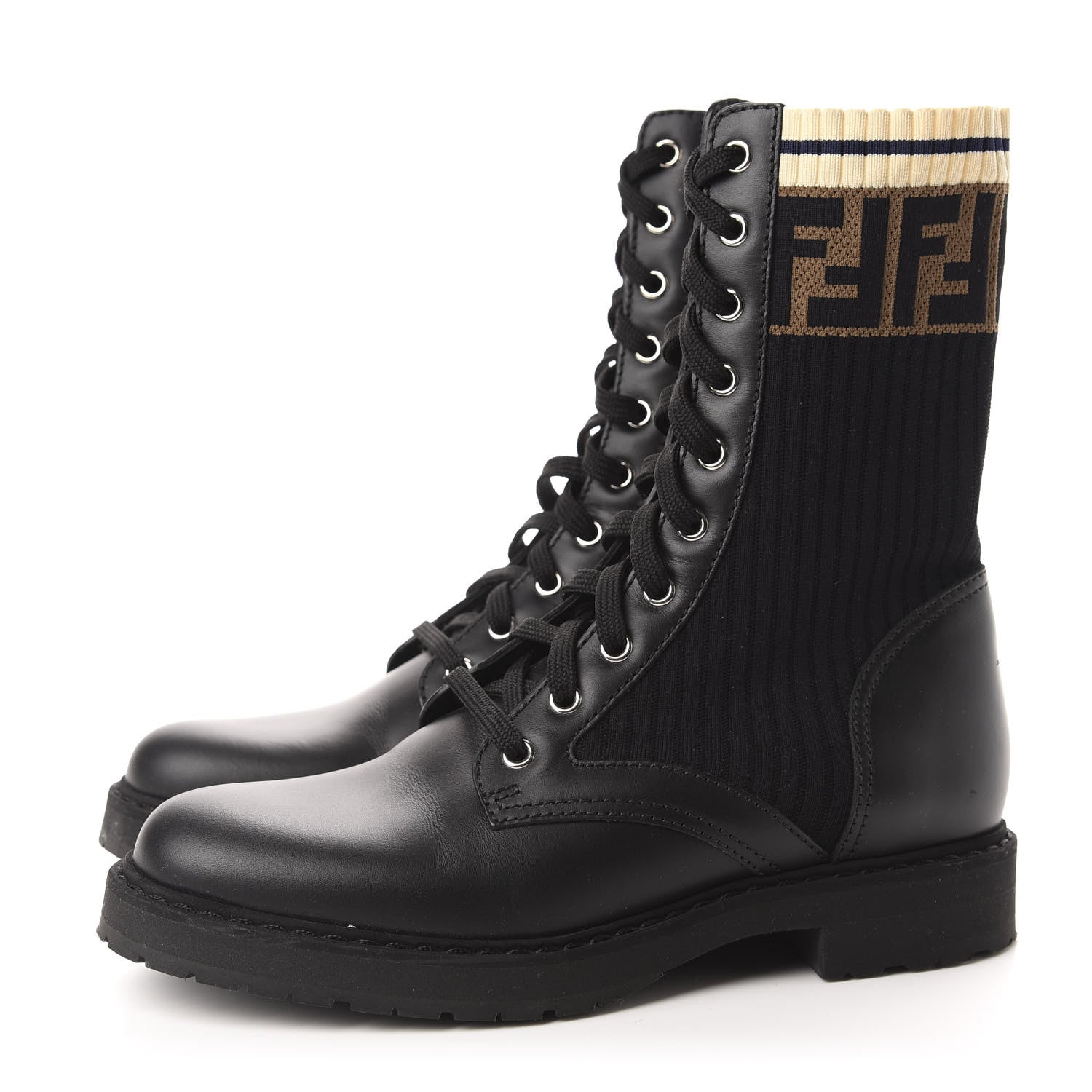 Fendi Calfskin Stretch Fabric Rockoko Biker Boots 38 Tobacco Black Marino 3 of 8