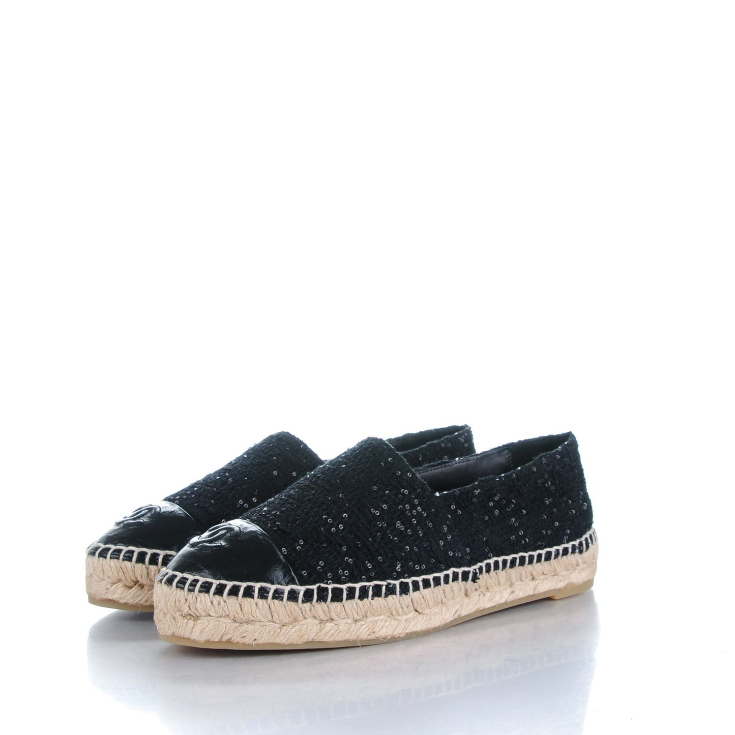 Tweed Patent Goatskin Sequin CC Espadrilles 37 Black