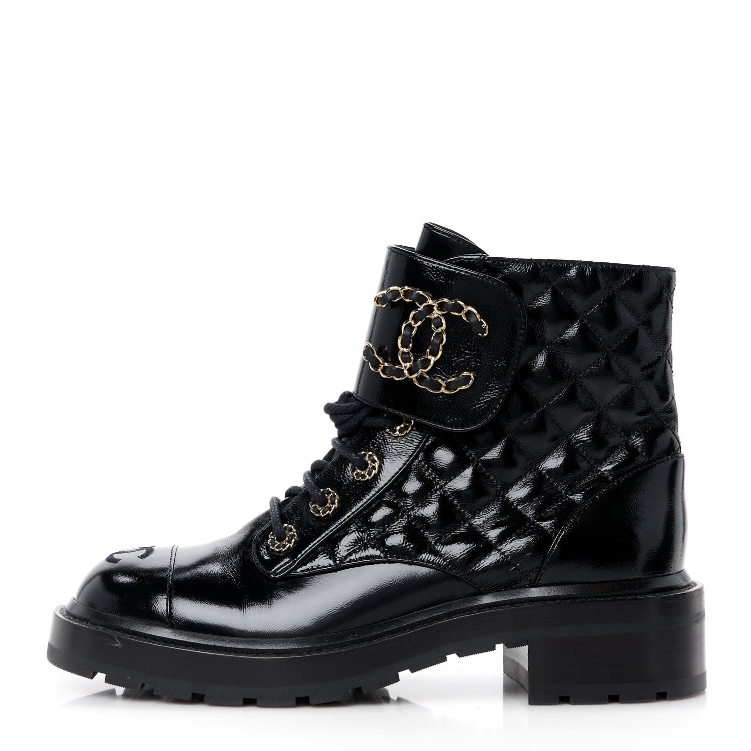 Chanel Shiny Lambskin Quilted Lace Up Combat Boots 39 Black 1 of 10