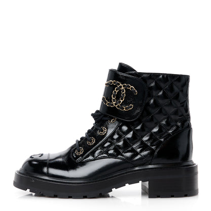 Chanel Shiny Lambskin Quilted Lace Up Combat Boots 39 Black 1 of 10