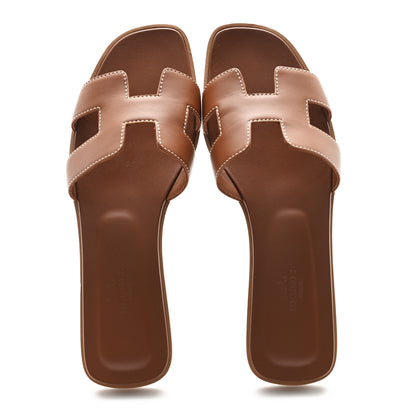Hermes Box Calfskin Oran Sandals 38.5 Gold 2 of 9