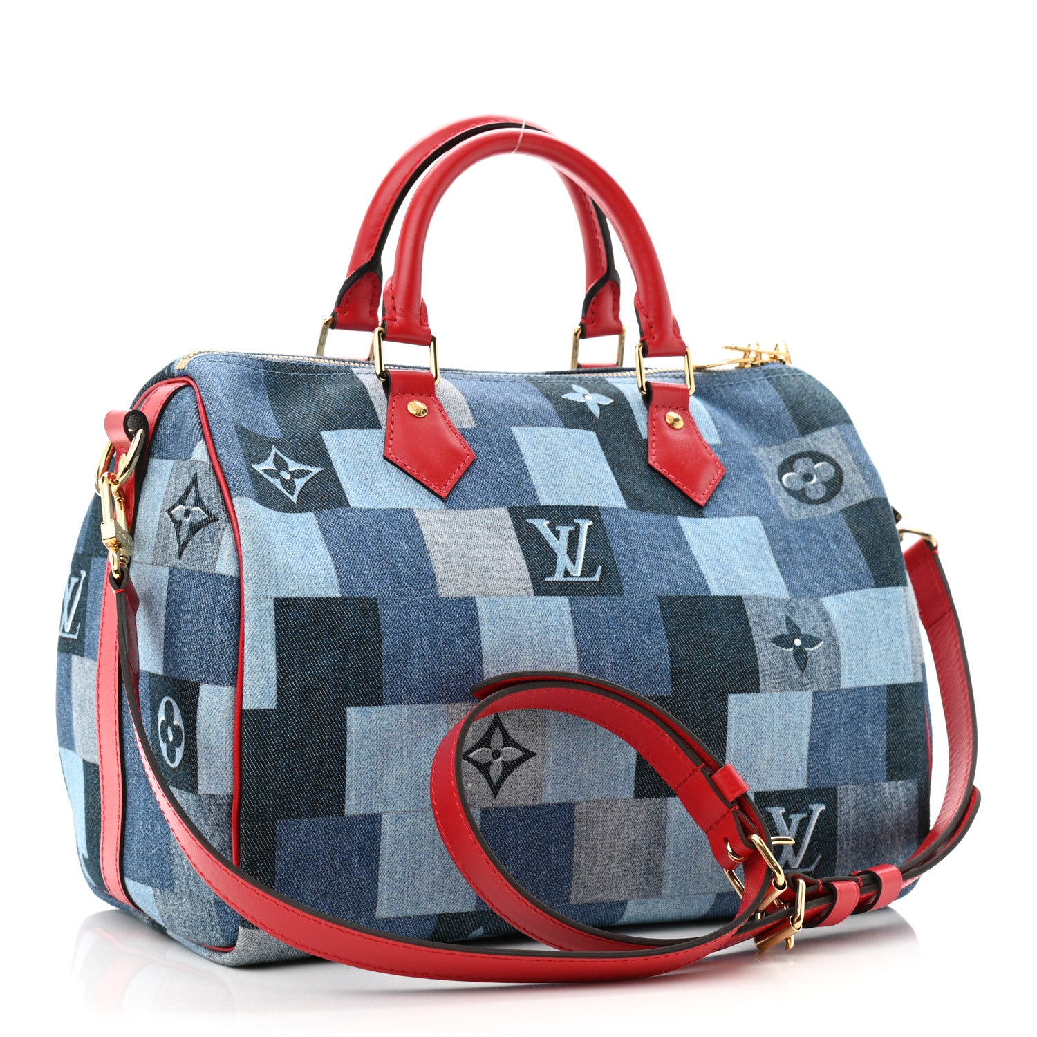 Louis Vuitton Denim Damier Monogram Patchwork Speedy Bandouliere 30 Blue Rouge 3 of 11