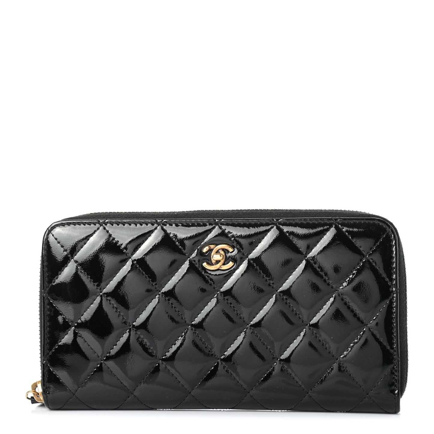 Patent Quilted Large Gusset Zip Around Wallet Black