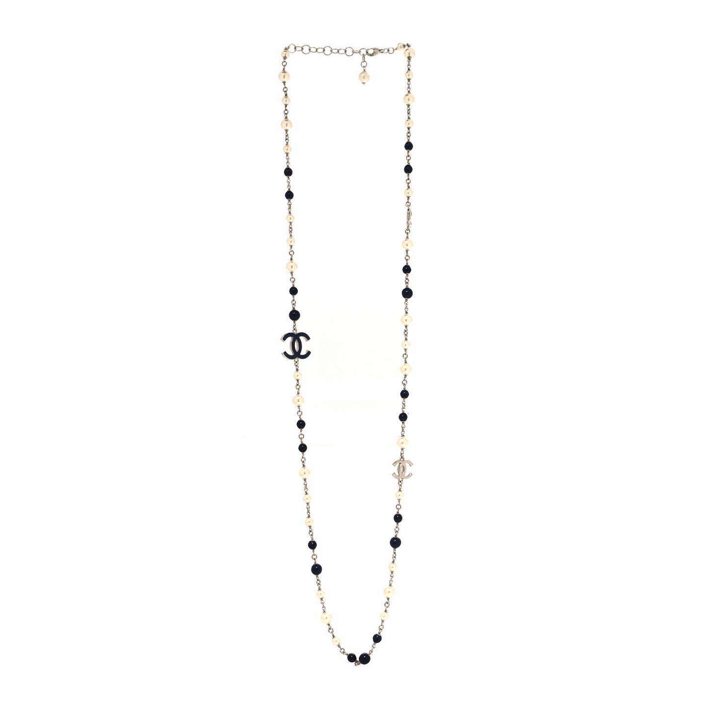 Pearl Beaded Enamel CC Long Necklace Blue Silver
