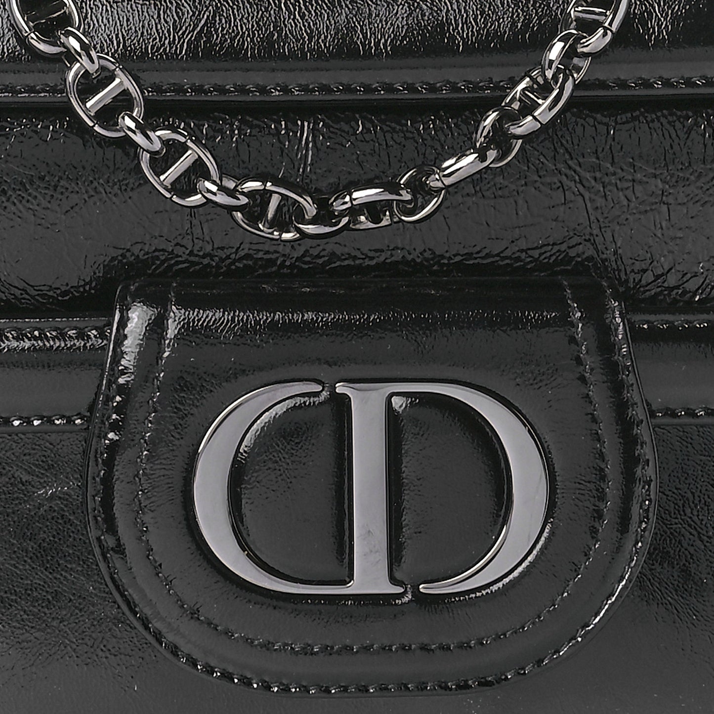 Crinkled Patent Lambskin Medium Diordouble Chain Bag Black