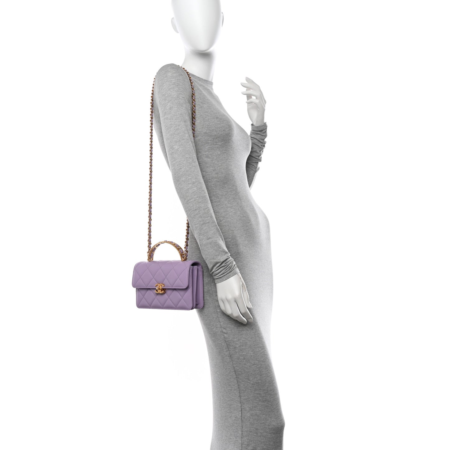 Shiny Calfskin Quilted Mini Metal Top Handle Flap Purple