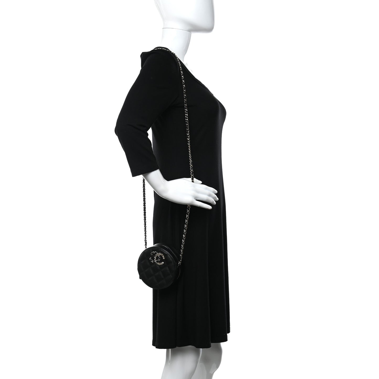 Caviar Quilted French New Wave Round Clutch With Chain Black