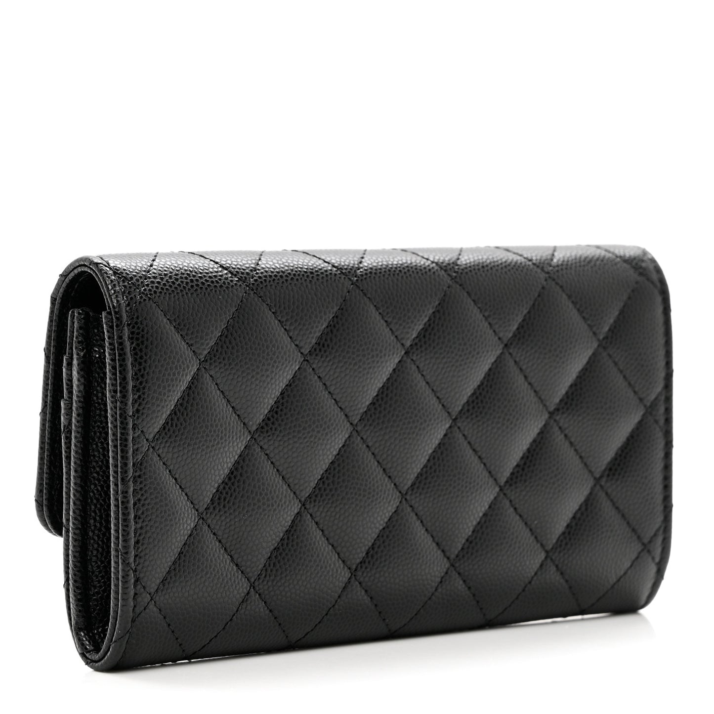 Caviar Quilted Crystal CC Large Gusset Flap Wallet Black