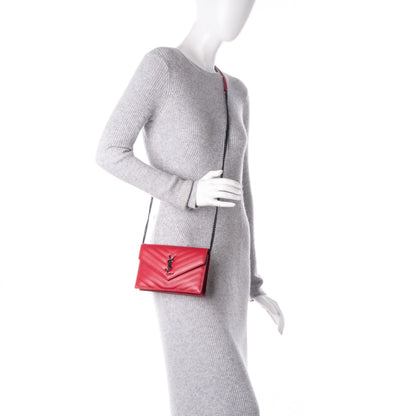 Saint Laurent Grain De Poudre Matelasse Chevron Monogram Envelope Chain Wallet New Red 2 of 8