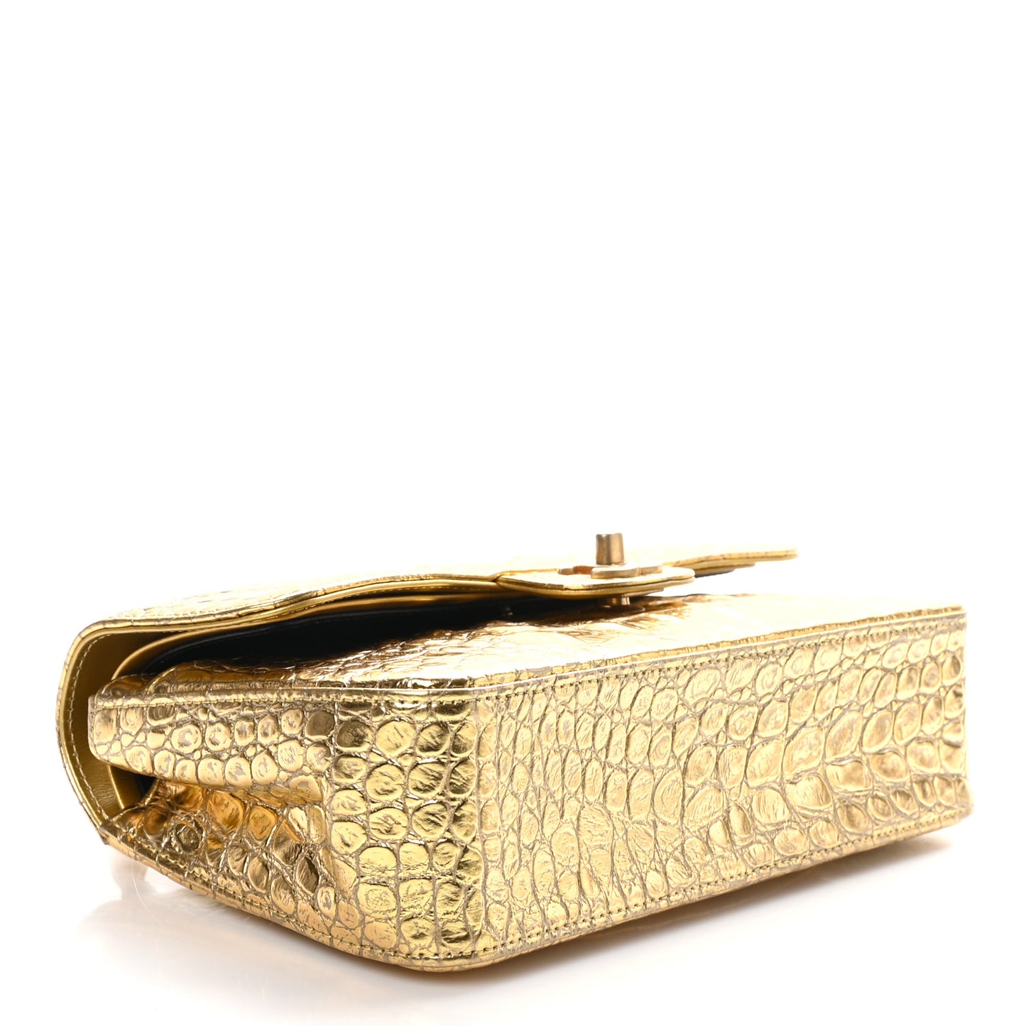 Metallic Calfskin Crocodile Embossed Cocodile Rectangular Mini Flap Gold