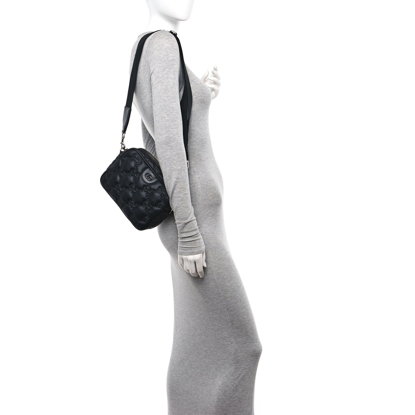 Nylon Calfskin Enamel GG Matelasse Shoulder Bag Black