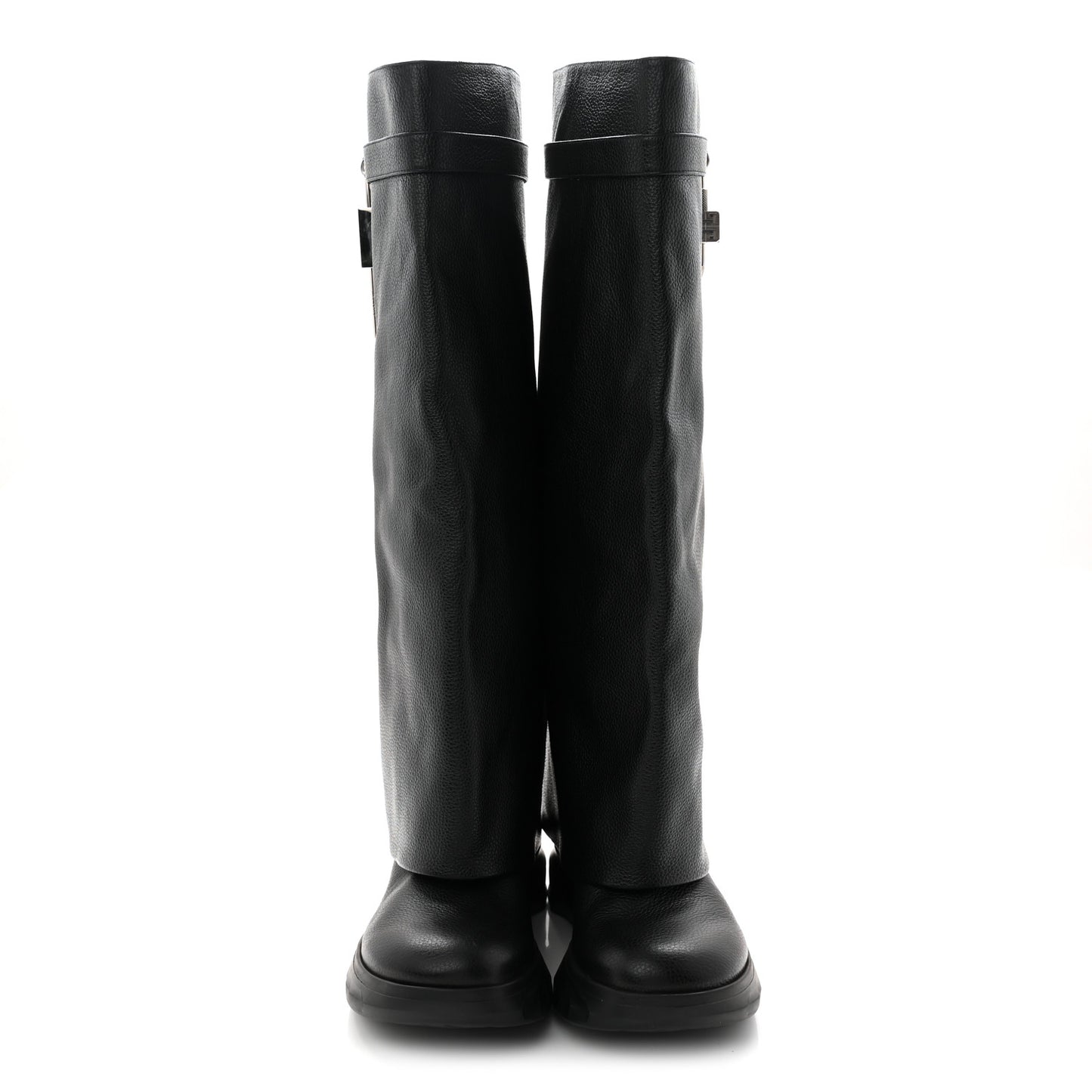Grained Calfskin Shark Lock Biker Knee Boots 40 Black
