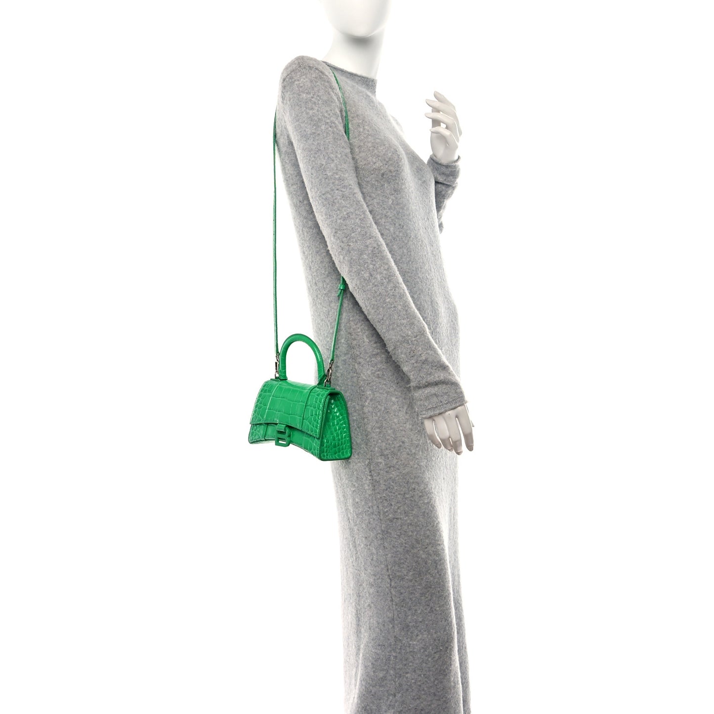 Shiny Calfskin Crocodile Embossed Hourglass Top Handle Bag XS Vivid Green